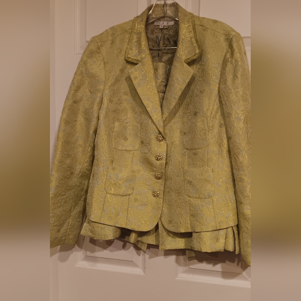 Ice Floral Lemon Brocade Textured Women's Skirt Suit